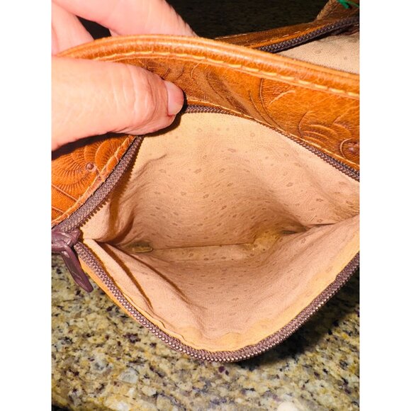 Vintage Handcrafted Congac Tooled Leather Shoulder Bag Floral Design Hippie - Picture 8 of 14